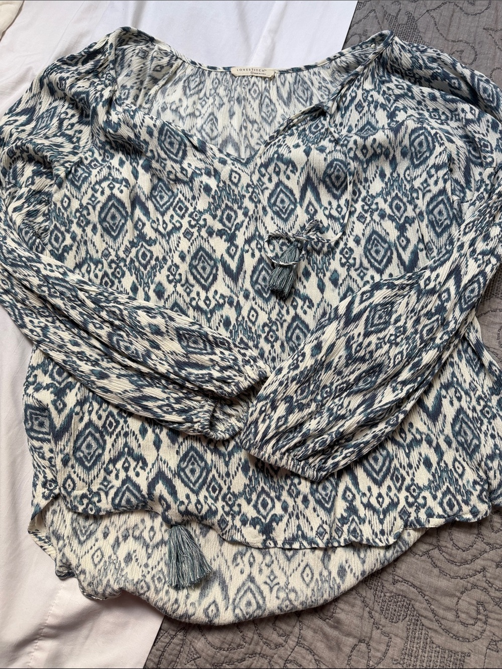 lovestitch Blue and Cream Ikat Tassel Tie Blouse